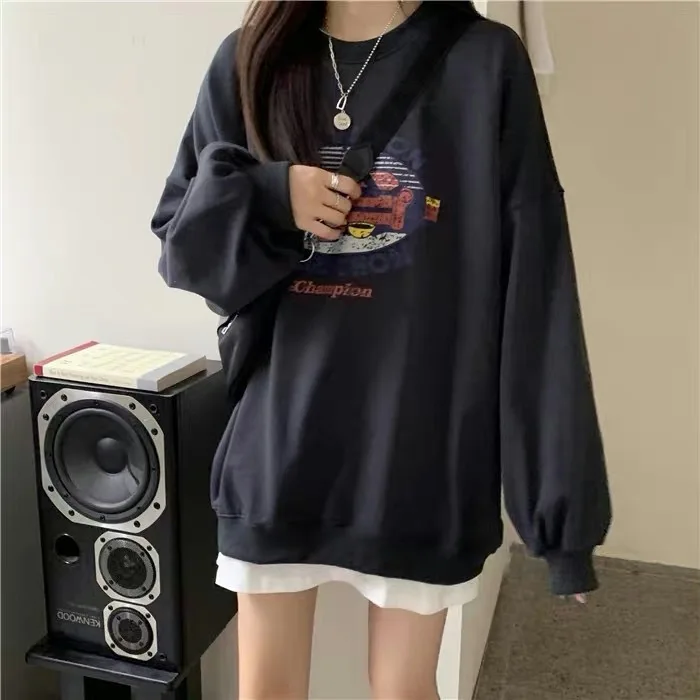 American Retro Printed Round Neck Hoodie for Female Students Regular Style Casual Loose Top Thin Style Trendy