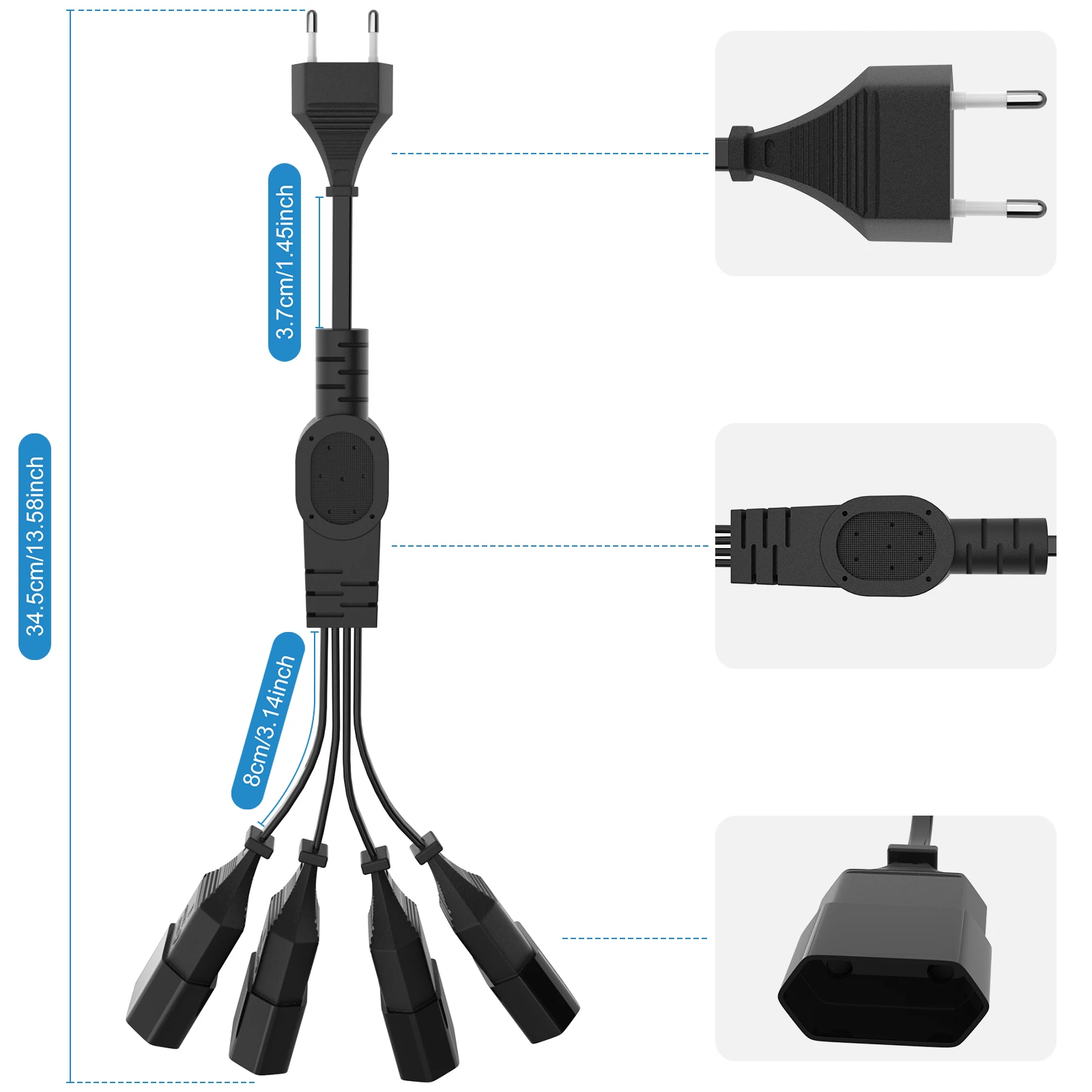 Extension Cable, 2Prong Male to Female European Plug Extension Power Cord with 4 EU Sockets for TV PC Computer Monitor IP20