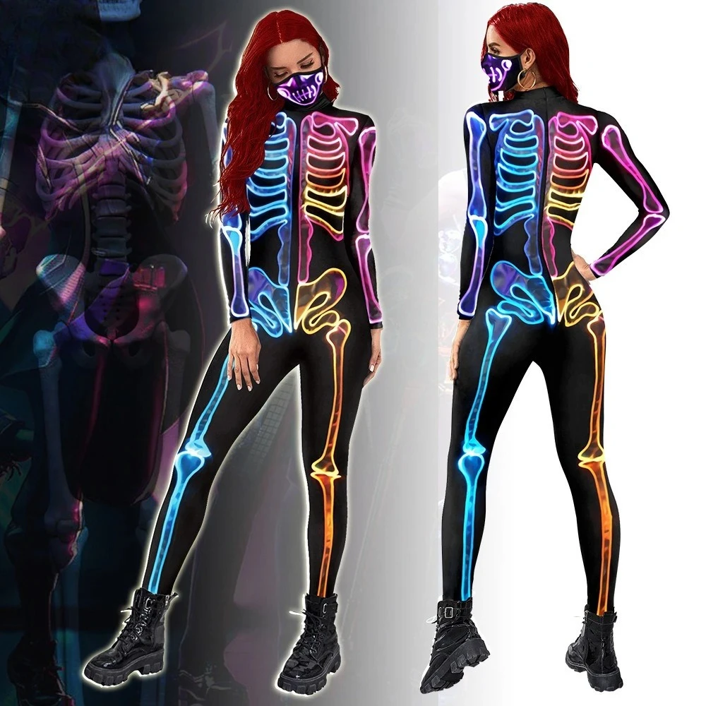 

Neon Skeleton Cosplay Bodysuit - Black Full-Body Rainbow Glow Skeleton Print Costume, Vibrant Halloween Party Role-Play Outfit