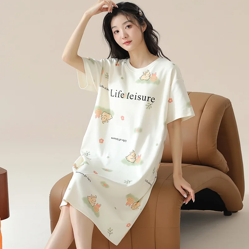 Pyjamas Women Nightgown Short Sleeve Sweet Cartoon Print Loungewear Loose Summer Thin Sleepwear Women's Clothing Trend Nightwear