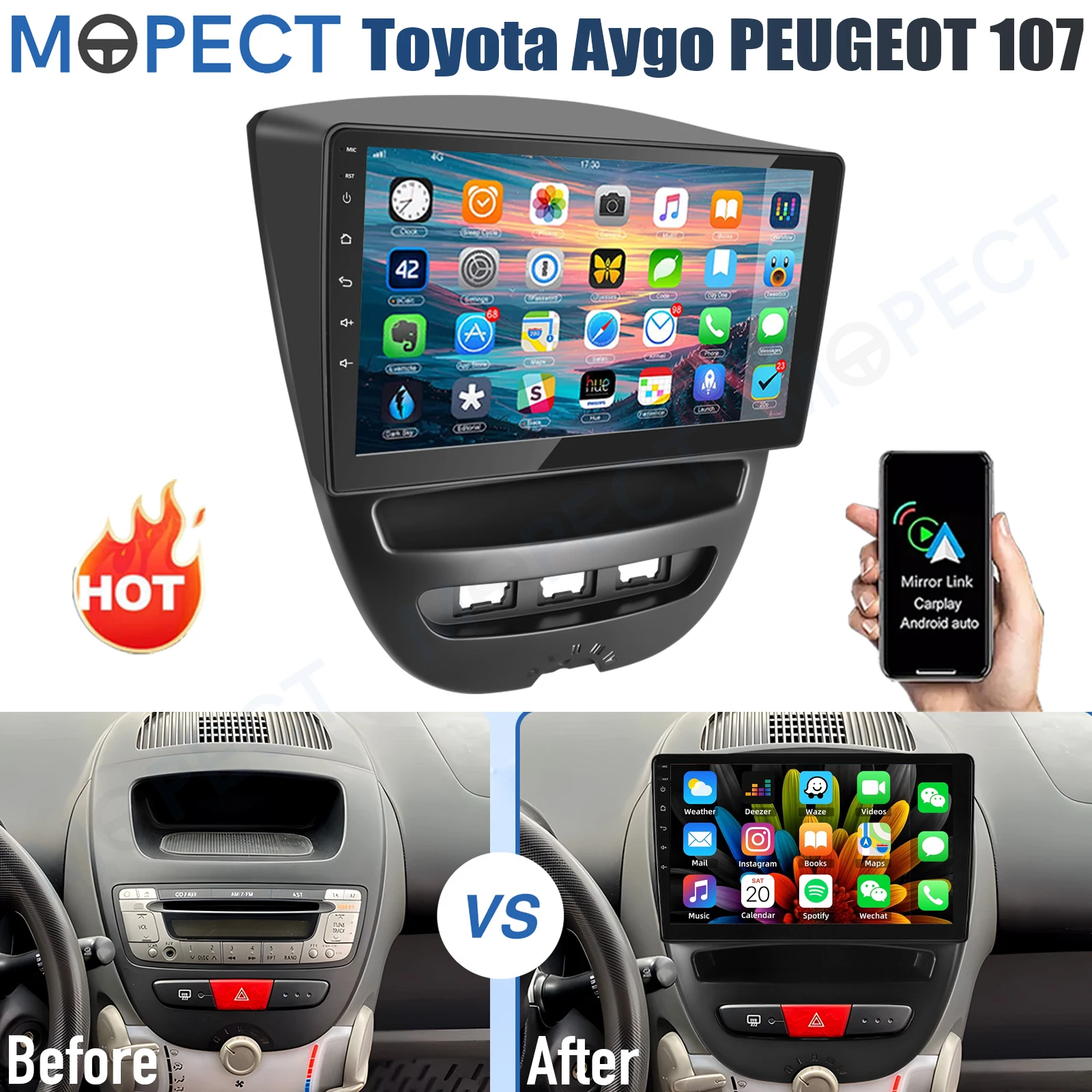 MOPECT 10.1" Android 15 autoradio voor Toyota Aygo / PEUGEOT 107 / Citroen C1 2005-2014 WiFi Carplay 4G+64G SWC FM+DVR&CAM
