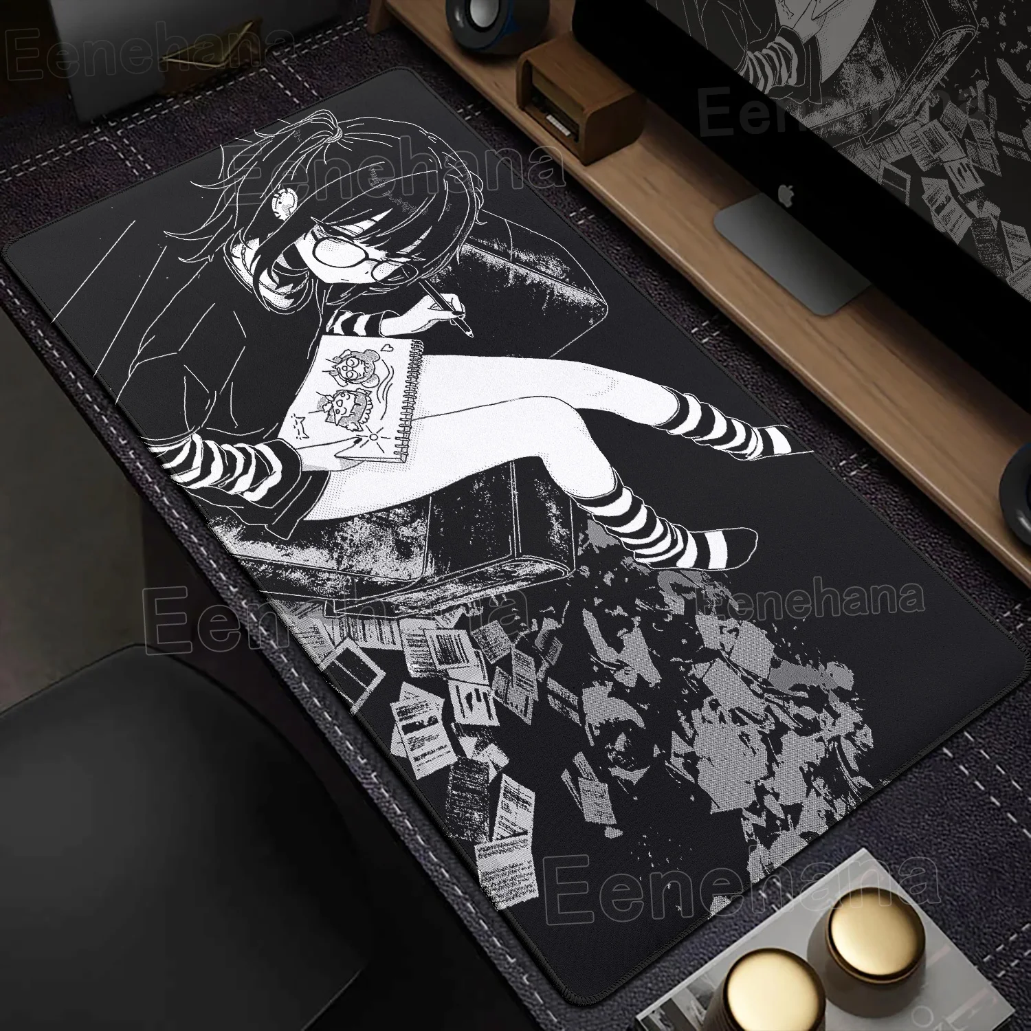 

Anime Pixel Girl Rubber Mouse Pad Large Office Non-Slip Kawaii Desk Accessories Black & White Computer HD Locking Edge Desk Mat