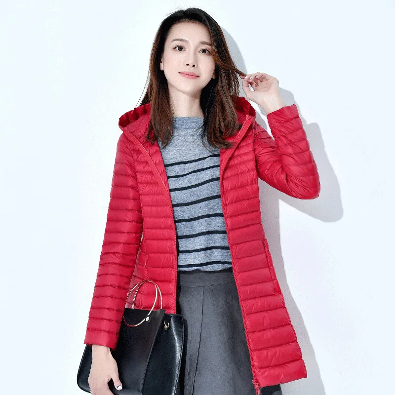 Winter Lightweight Down Jacket Women Mid Length White Duck Down Puffer Coat Woman Portable Slim Fit Fashion Outerwear JK-070