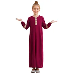 Kids Girls Muslim Dress Abaya Morocco Kaftan Islamic Child Clothes Long Sleeve Maxi Dress for Eid Ramadan Theme Party Masquerade