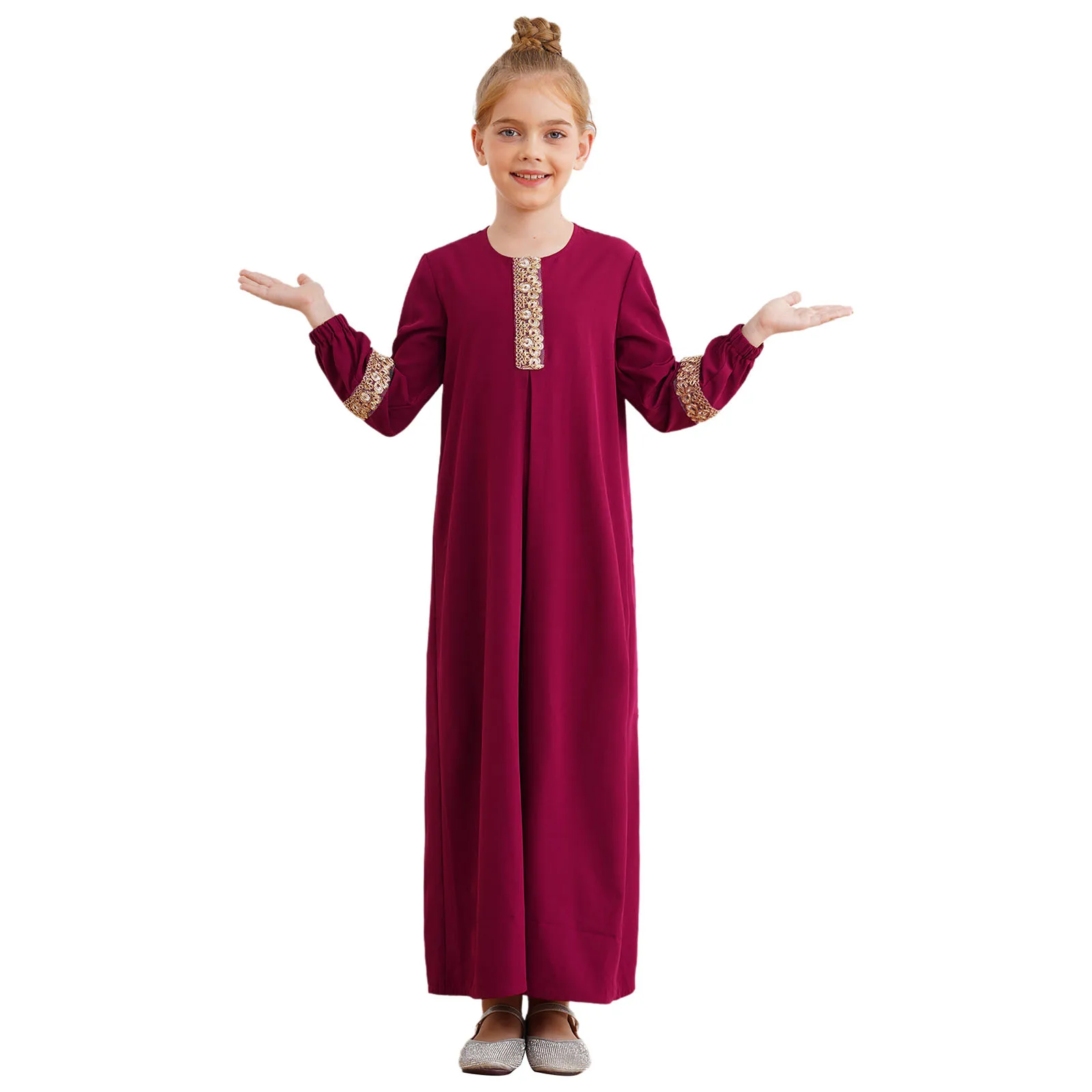 Kids Girls Muslim Dress Abaya Morocco Kaftan Islamic Child Clothes Long Sleeve Maxi Dress for Eid Ramadan Theme Party Masquerade