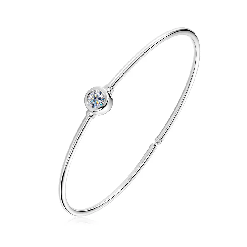 MOVESKI 925 Sterling Silver Moissanite Bangle Bracelet for Women, Round Cut Bezel Set Solitaire Stone Minimalist Hand Jewelry