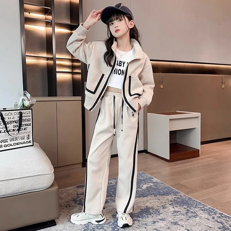 

Korean Spring Autumn Junior Girl Tracksuit School Girl Zipper Sweat Jackets+Sport Pants Child Jogger Outfit Workout Set 5-14Yrs