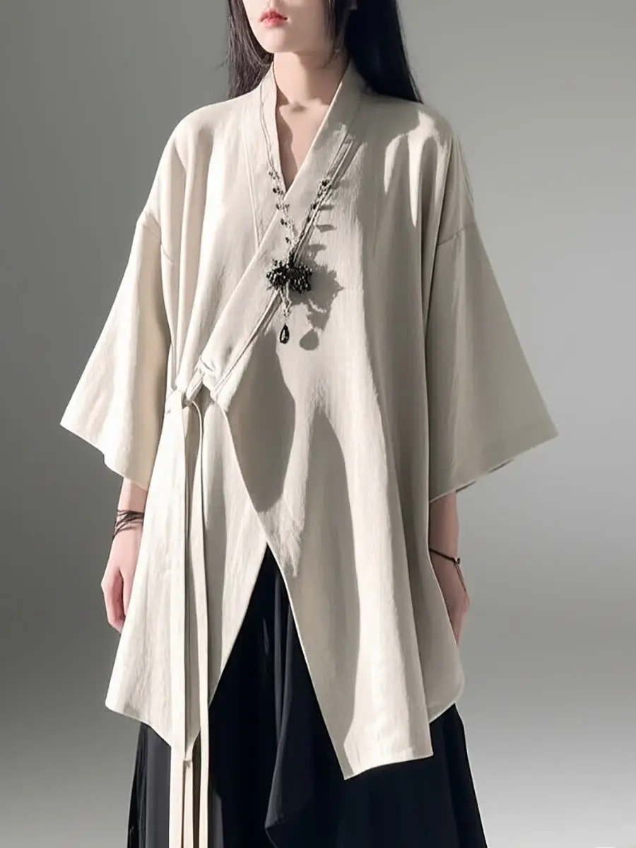 

Loose Casual ort Sve Open Cardigan Top ex New Chinese Sle Dao Pao Belted Retro Sle Polyester Fiber Spring Autumn...