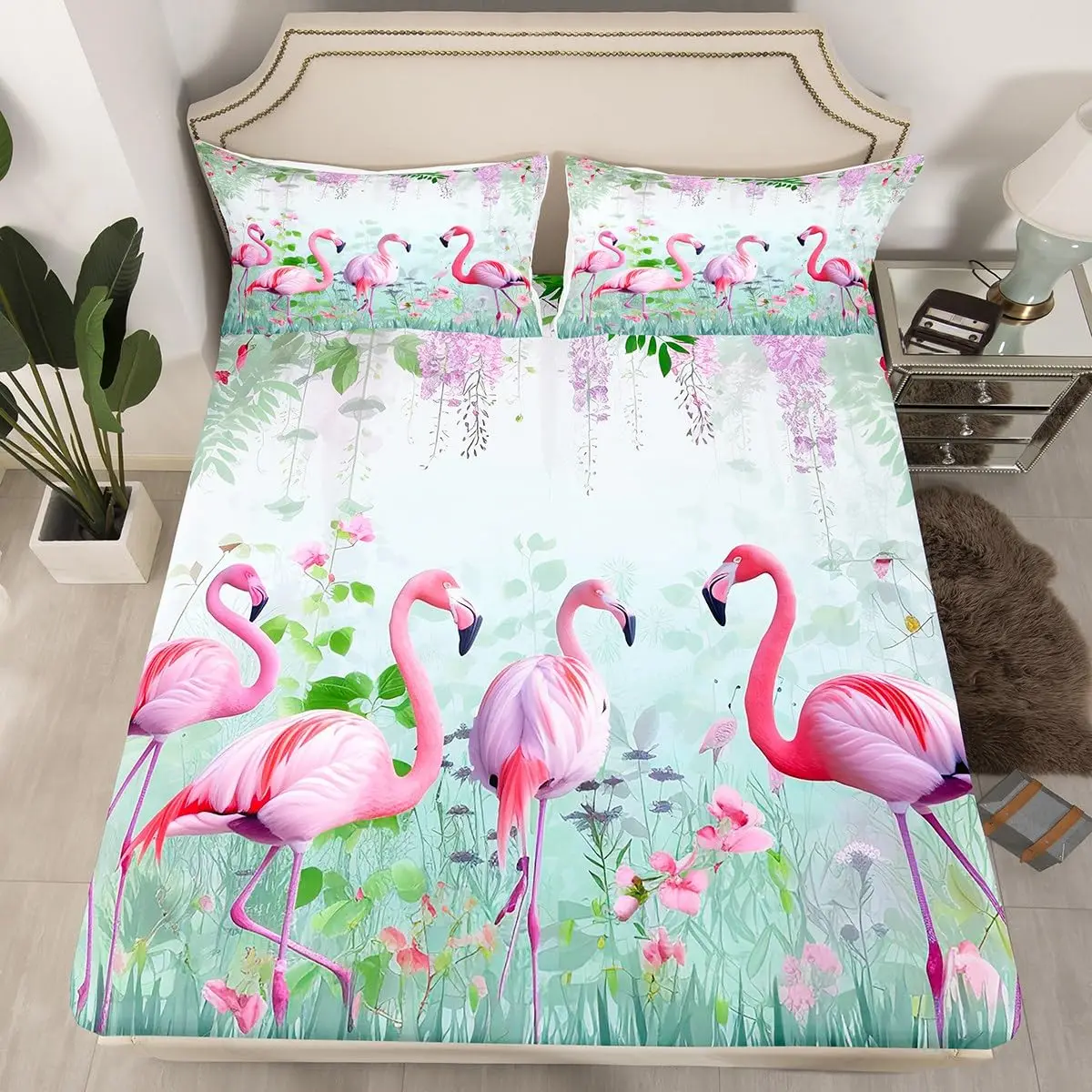 Tropical Flamingo Fitted Sheet for Women Girls Botanical Coconut Tree Leaves Print Bed Sheets Summer Hawaii Sheets Twin Queen