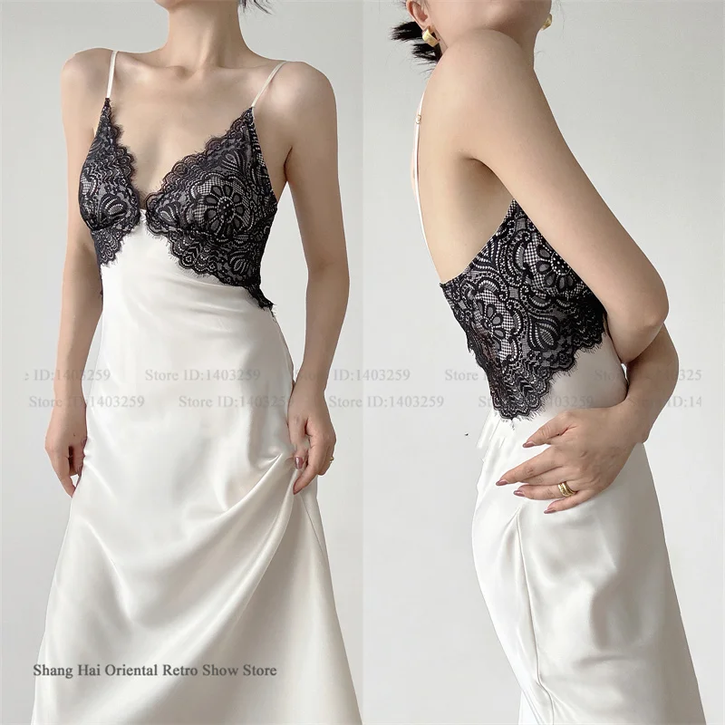 

Female Long Chemise Nightgown Lingerie Sexy Lace Backless Nightdress Home Clothes Summer New Silk Satin Sleepwear Loungewear
