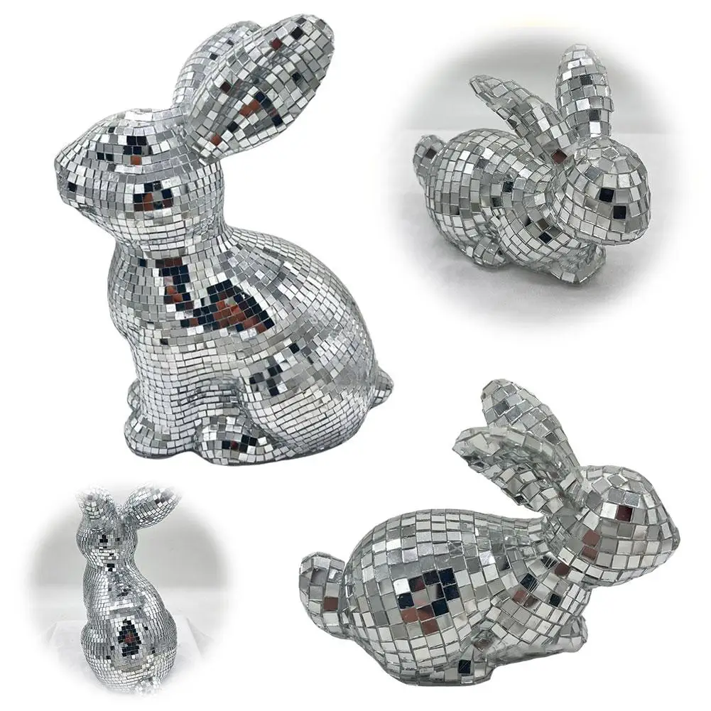 Desktop Mirror Disco Ball Rabbit Figurine Mirror Ball Sitting Bunny Figurine Easter Disco Ball Rabbit Ornament Home Decoration