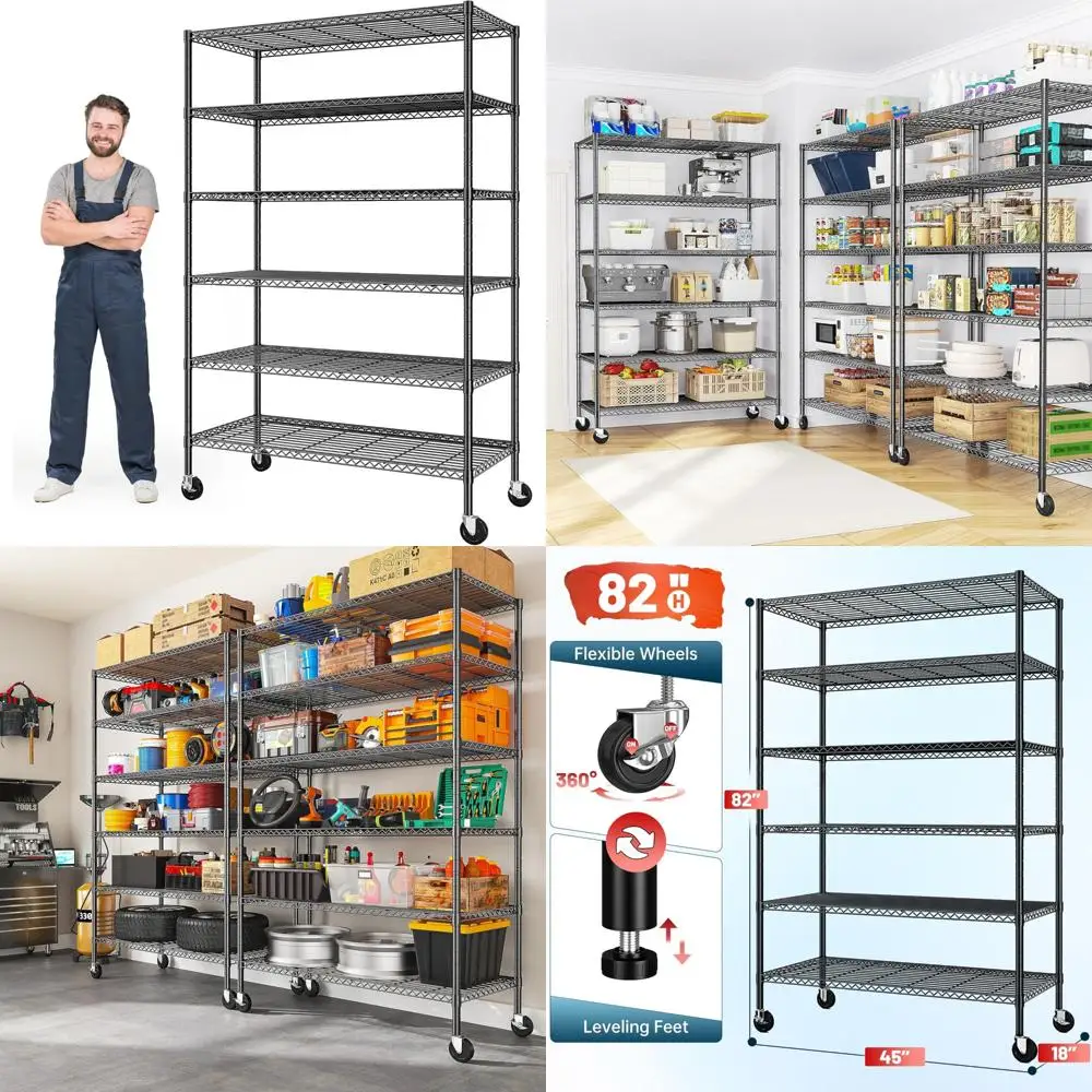 6段調節可能な金属ワイヤーシェルフ、車輪付き、82H x 45W x 18D、頑丈な収納棚、1200ポンドの容量、パントリーオーガナイザー