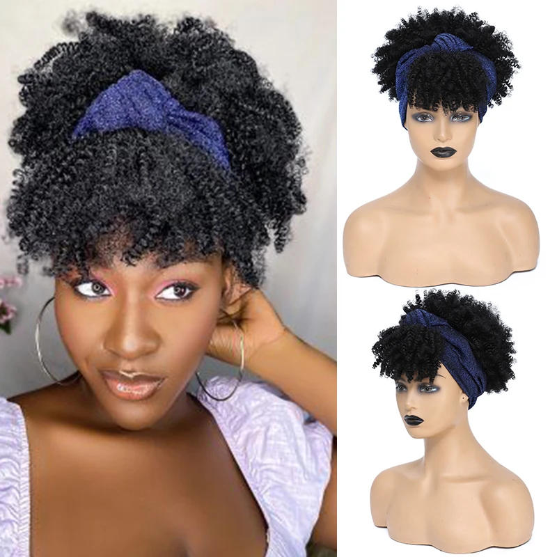 Kinky Curly Headband Wigs for Black Women Short Puff Curly Head Wrap Wig with Bangs Synthetic Black Afro Curly Scarf Wig Cosplay