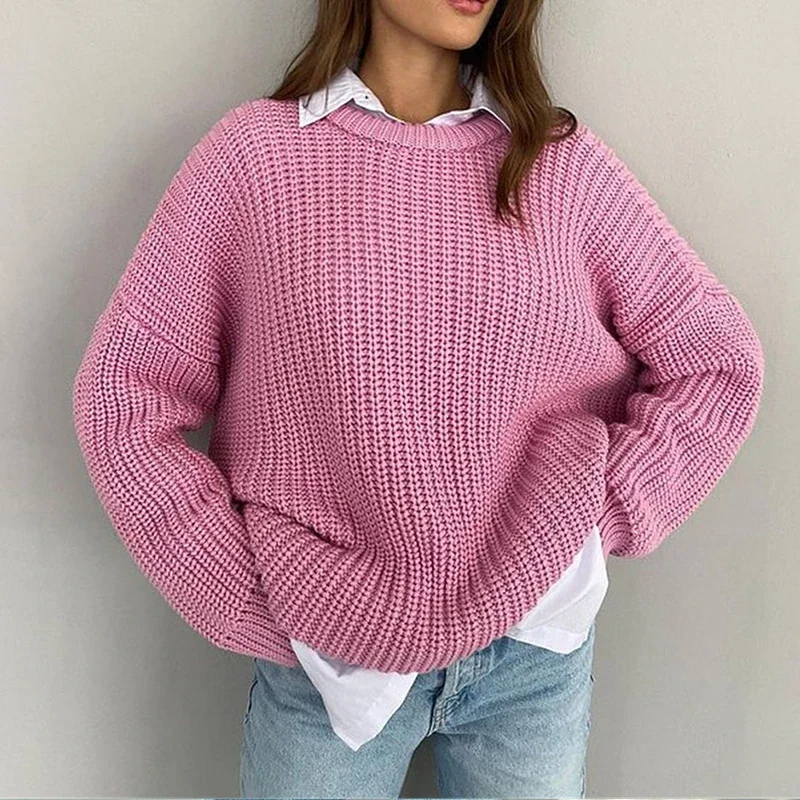 Women O-neck Long Sleeve Knitted Sweaters Autumn Winter Loose Knit Pullovers Lazy Style Oversized Sweaters Christmas Clothes