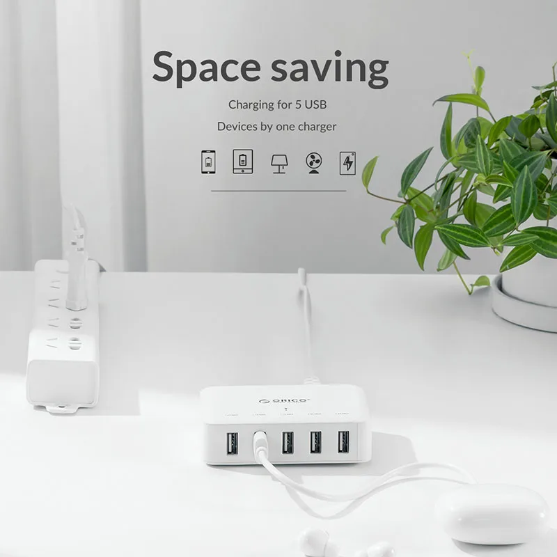 ORICO Multi 5 USB Ports Charger Station Space‑Saving 5 Devices Simultaneous Charging Intelligent Multi‑Protection US Plug