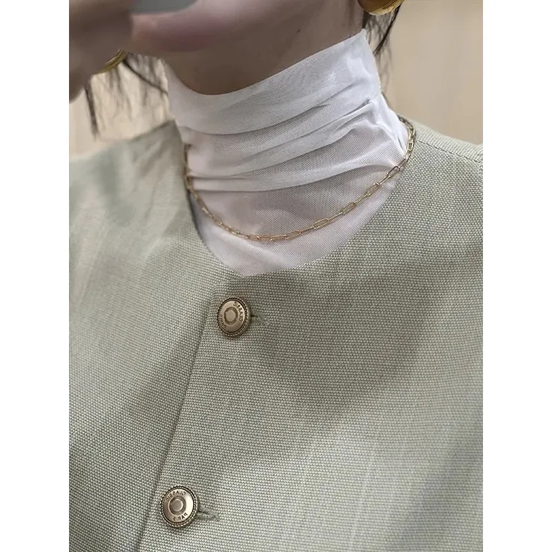 

High Elastic Mesh Pile High Collar Long Sleeve Women's Autumn Winter Bottoming Shirt with Tulle Top European American Sexy