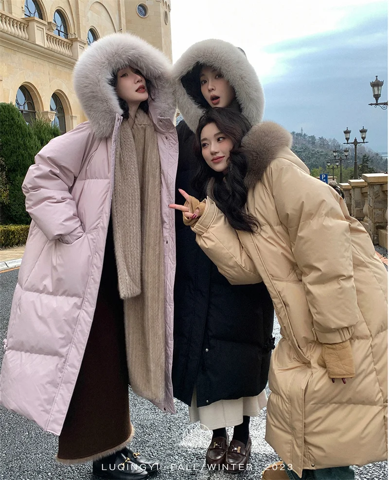 2024 겨울 여성 외투 재킷, 포켓 롱 코트, 코튼 라이너, 모피 칼라 파카, 두껍고 따뜻한 스노우 웨어, 후드, 플러스 사이즈 파카, 신상