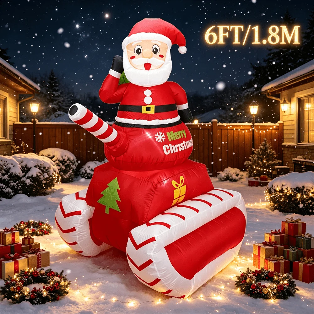 Inflatable Model Toy 6FT Funny Santa Claus Riding Red Candy Stripe Tank Merry Christmas Pattern with LED Lighted Lawn Ornament