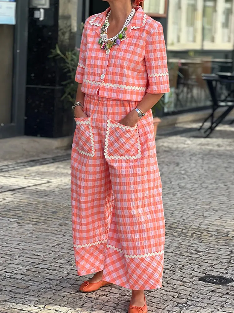 Conjuntos de camisa e calça estampada de meia manga para mulheres, roupas soltas chiques, perna larga, bolso, roupas de rua alta, lapela, 2022