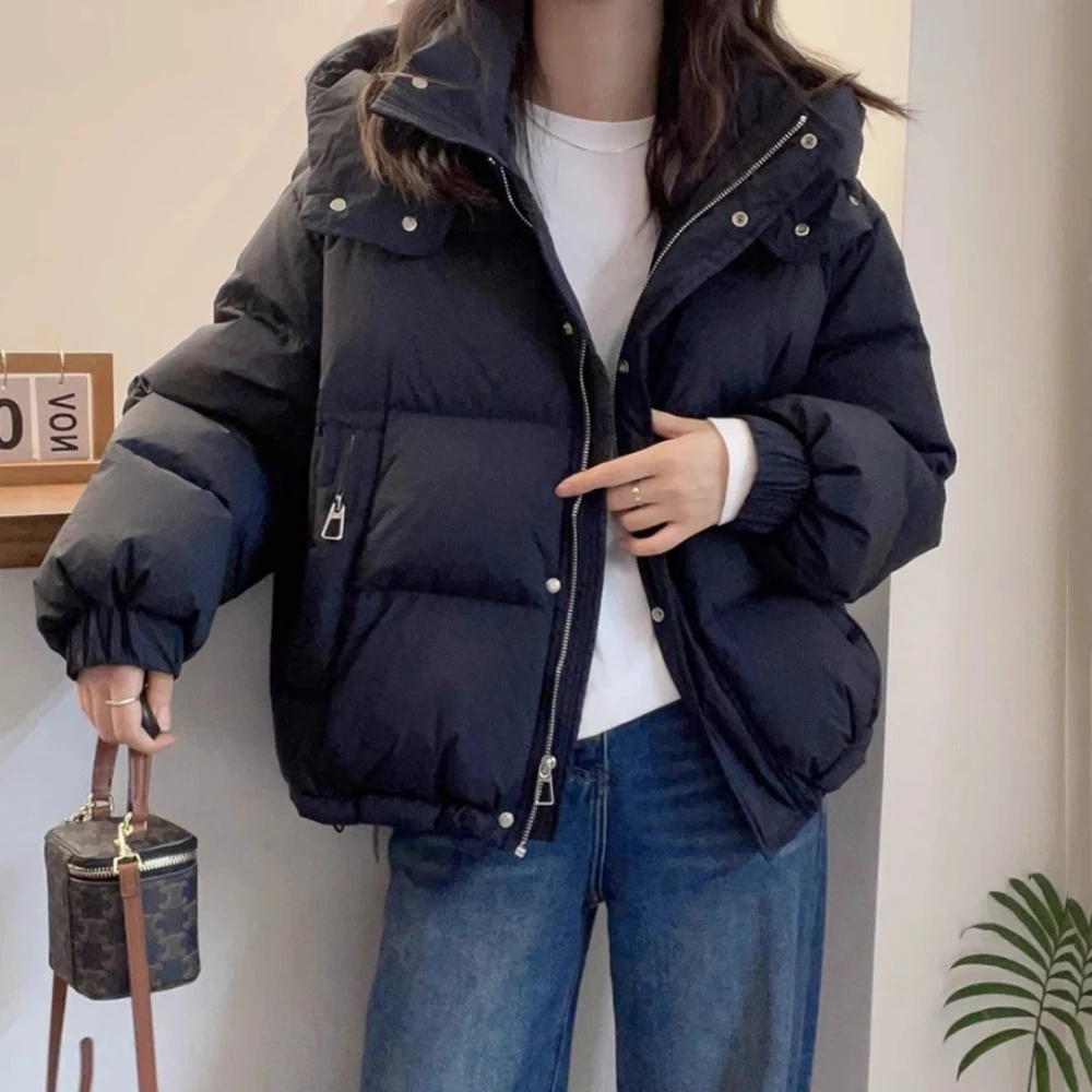 Casual solto quente com capuz casacos de algodão feminino inverno estilo coreano bainha inferior cordão jaquetas curtas versátil para baixo algodão parkas