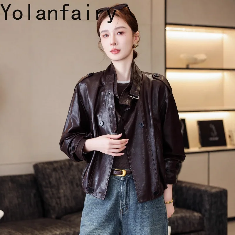 YOLANFAIRY Oil Wax Sheepskin Real Leather Coat Women Autumn Winter 100% Genuine Leather Jacket Female Short Elegant Outerwear