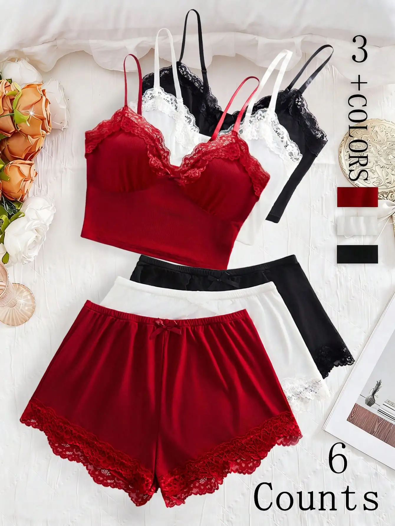 

Комплект женского сексуального белья из 6 предметов с кружевной отделкой, регулируемыми бретелями и шортами с бантом для Дня святого Валентина