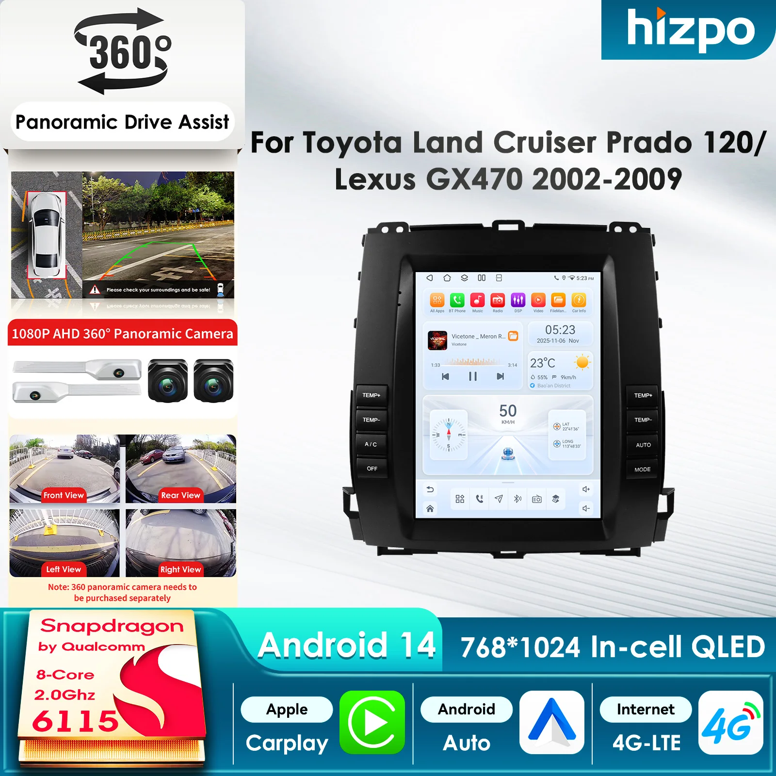 Radio para Auto Hizpo para Toyota Land Cruiser Prado 120 2002-2009 Lexus GX470, Reproductor Multimedia con CarPlay, Android Auto, 4G, GPS, Bluetooth, Cámara 360°