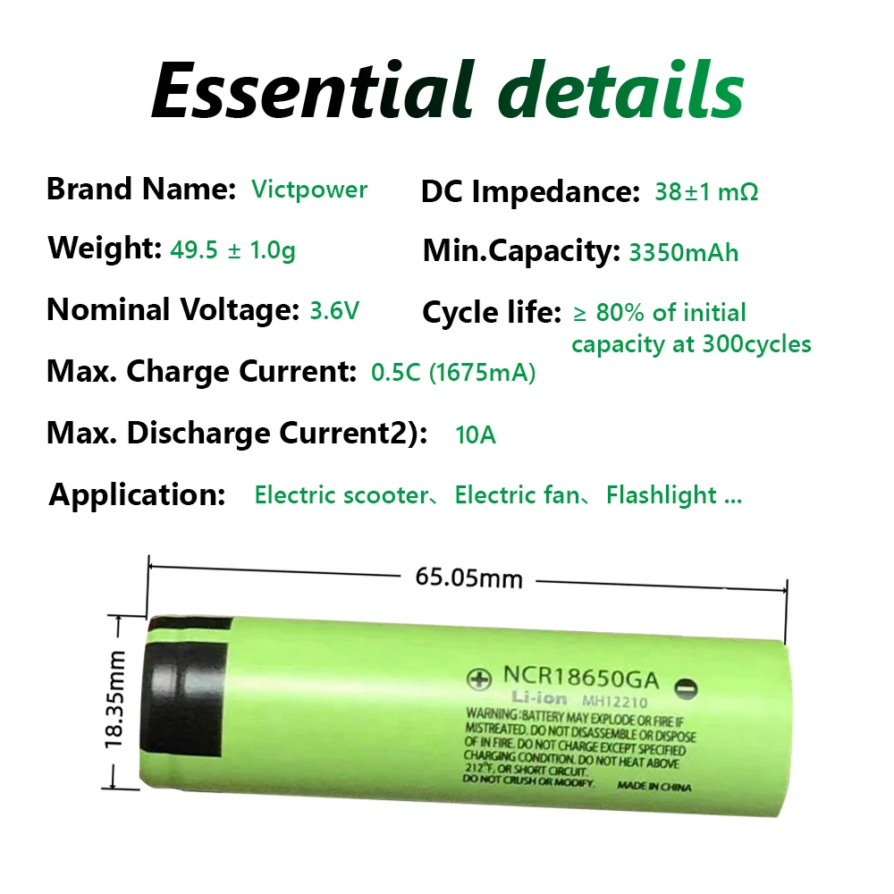 VICTPOWER NCR18650GA 3300mAh 3.6V High Capacity 10A Rechargeable Lithium Ion Battery Cell 18650 For Electric Bike 800 Cycles