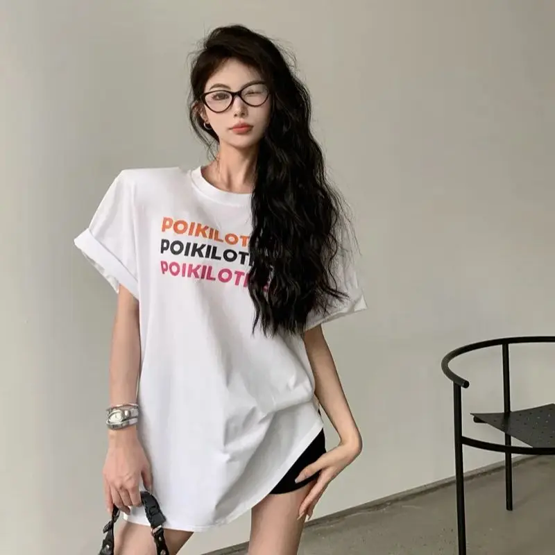 Summer hot girl style colorful letter print loose medium shoulder pad short-sleeved T-shirt wide version trendy top