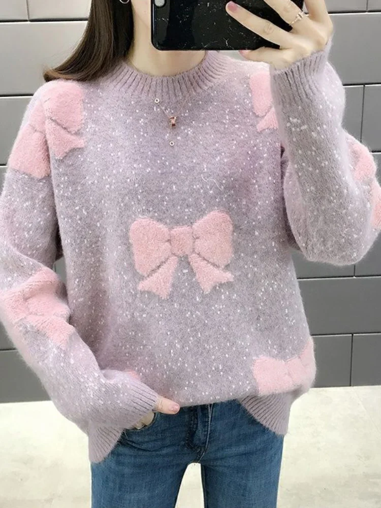 سترة مخملية سميكة بنصف الياقة العالية سترة نسائية محبوكة بفيونكة ناعمة غير رسمية على الموضة الكورية بلوفرات سفلية دافئة فضفاضة