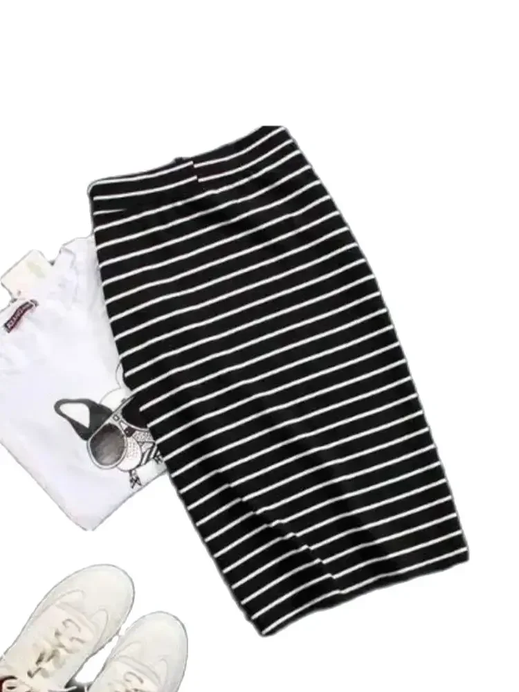 

1pcs/lot korean style woman Summer Cotton Black And White Stripes Casual Mid-length Bag Hip Pencil skirt