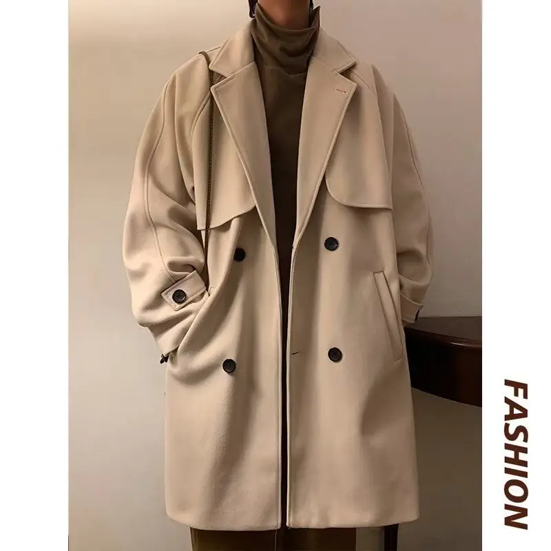 Mid-length trench coat, men's cargo coat, niche design, woolen over-the-knee coat, Japanese retro, light and familiar, handsome