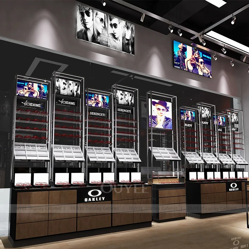 High - End Eyewear Display Cabinet Wooden Metal Structure