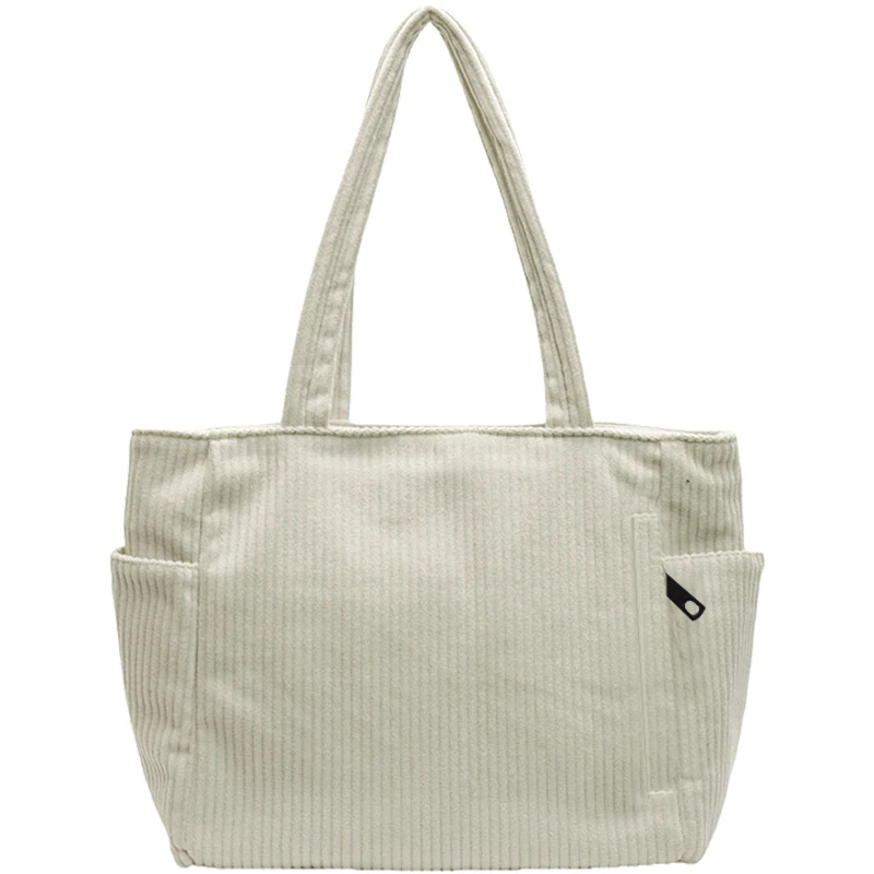 Basic Solid Color Striped Corduroy Tote Purse, Spacious Top Handle Shoulder Bag Available in Black, White and Green Shades