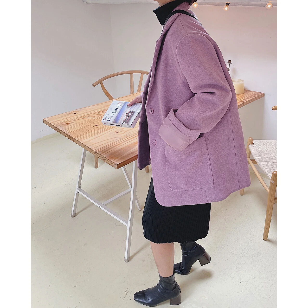 2022 Women Purple Tweed Wool And Mixtures Blends Coat Jacket Female Oem Autumn Winter Overcoat Trench Blazer New Woman Oversize