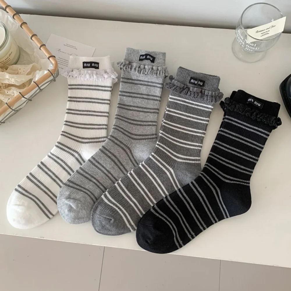 

Fashiona Striped Long Socks For Women With Letter Embroidery Korean Style Cute Gingham Edge Lady Autumn Winter Footwear Socks