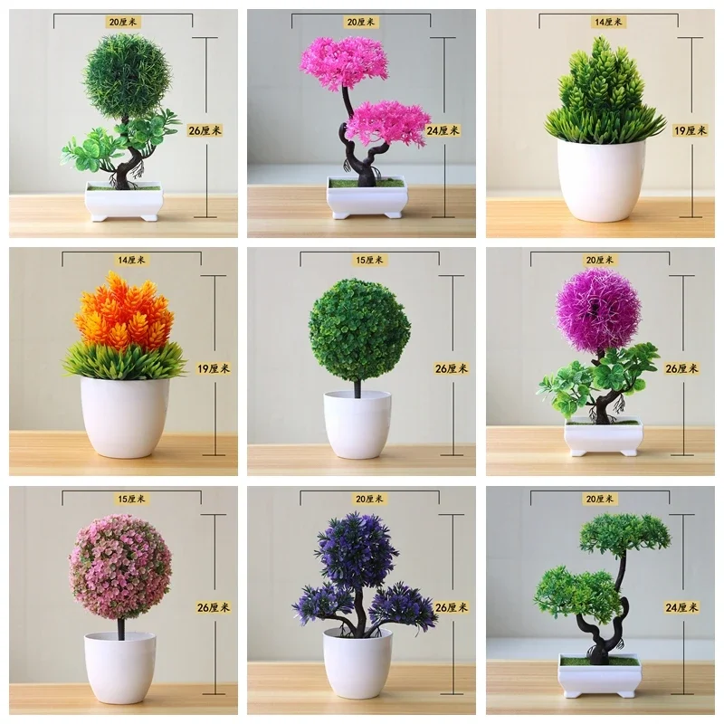 39Styles Green Pink Purple Orange Artificial Flower Small Tree Potted Bonsai Home Bedroom Desktop Decoration Fake Plants Bonsai