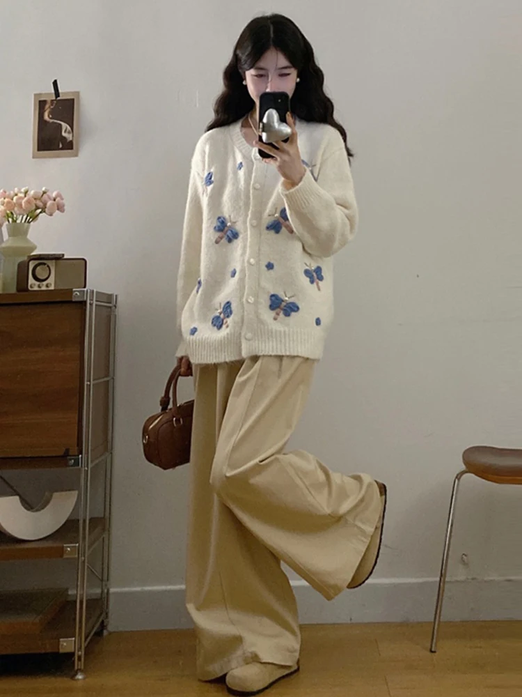 

Женский кардиган большого размера с вышивкой, вязаный, свободного кроя, осенне-зимний, новый, универсальный свитер, куртка, размер L...