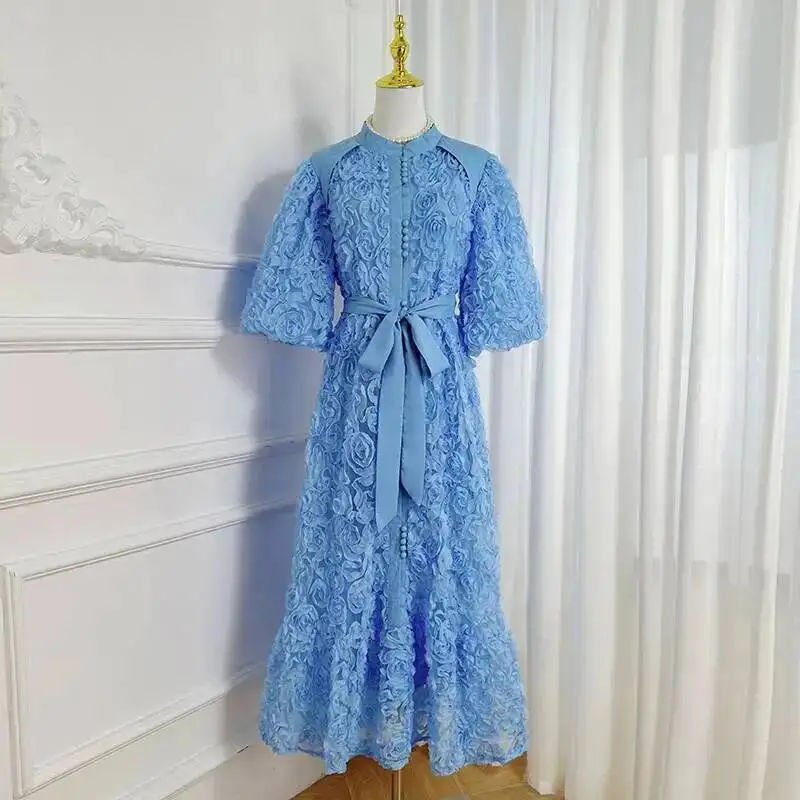 Luxe 3D Bloem Prom Formele Jurk Vrouwen Zomer Herfst Losse Big Size A-lijn Geplooide Single Breasted Midi Lange Feestjurken