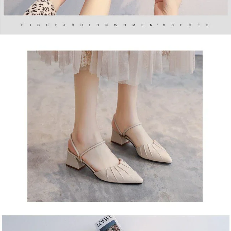 Party Women Mules Slipper Pointed Toe Block Strap Closed Shallow High Heels Shoes Sandals Black Beige Square Heels Women Pumps