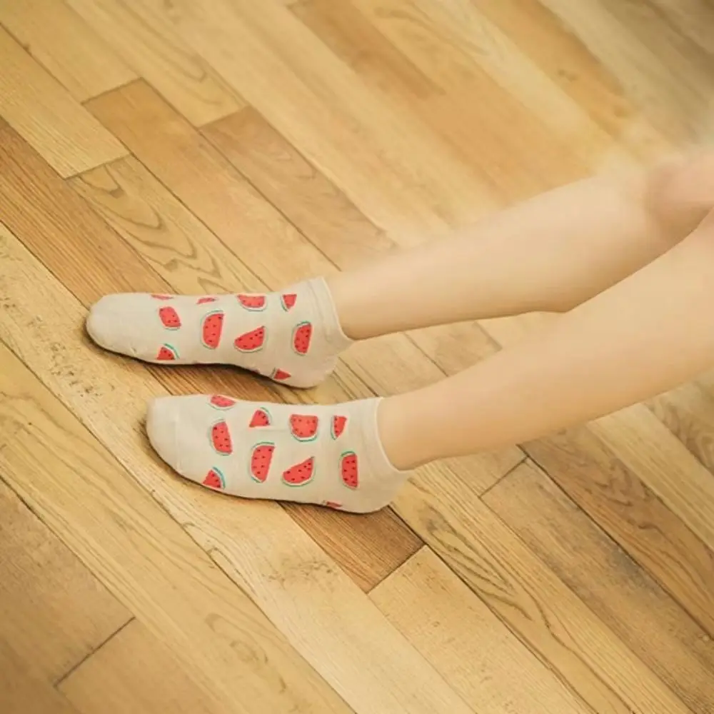 SHXI 5 Pairs Low Tube Cute Women's Socks Cotton Fruit Pattern Spring Summer Casual Thin Boat Socks Breathable Funny Socks
