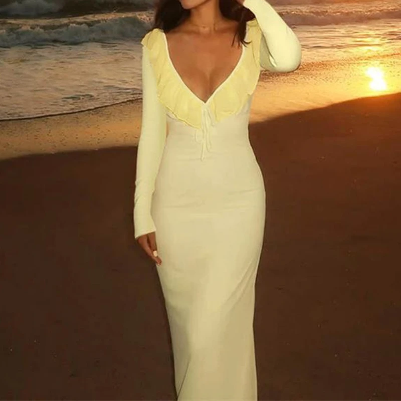 

Pure Desire Lotus Leaf Edge Long Sleeved Slim Elastic Dress 2025 Autumn New Style Hip Hugging Skirt