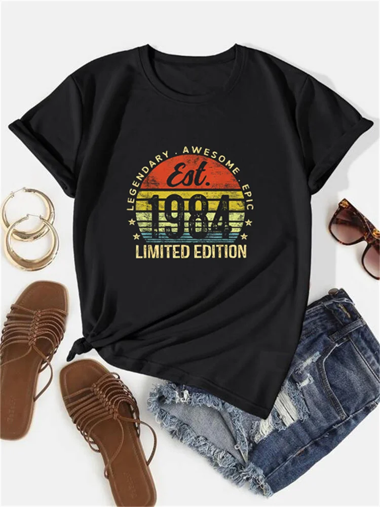 2024 New Legendary Awesome Epic October 1984 Limited Edition Alphabet Printed T-shirt Casual Round Neck Women's Top