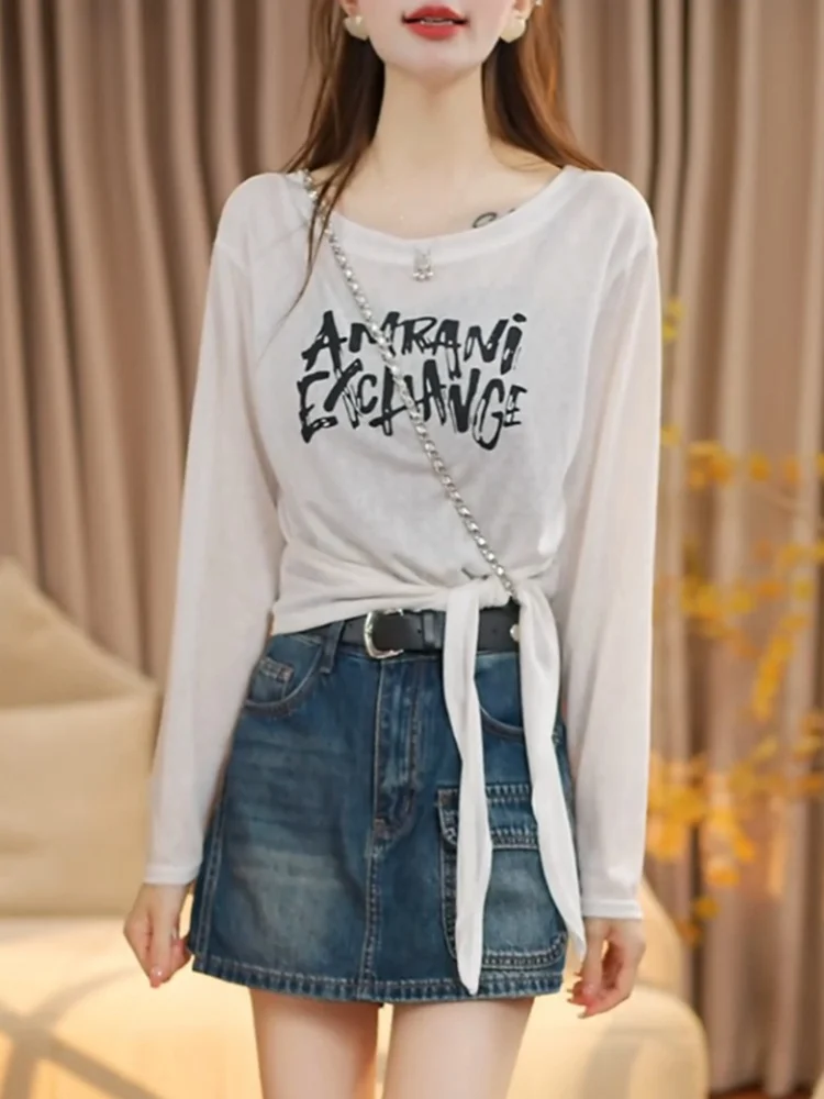 Korean Style Long Sleeve T-Shirt Women's Thin Letter Print Top Irregular Hemline Slimming Sunshade Shirt Commute Fashion