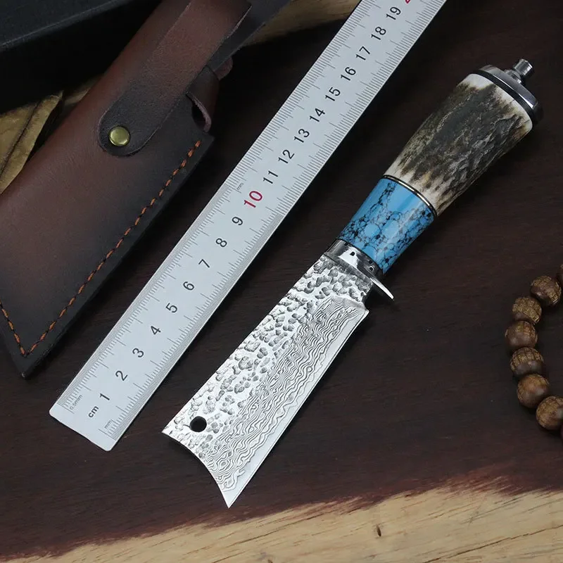 

Droship VG10 Damascus Steel Antler Handle Fixed Blade Hunting Knife Outdoor Camping Tactical Tool Gift for Men
