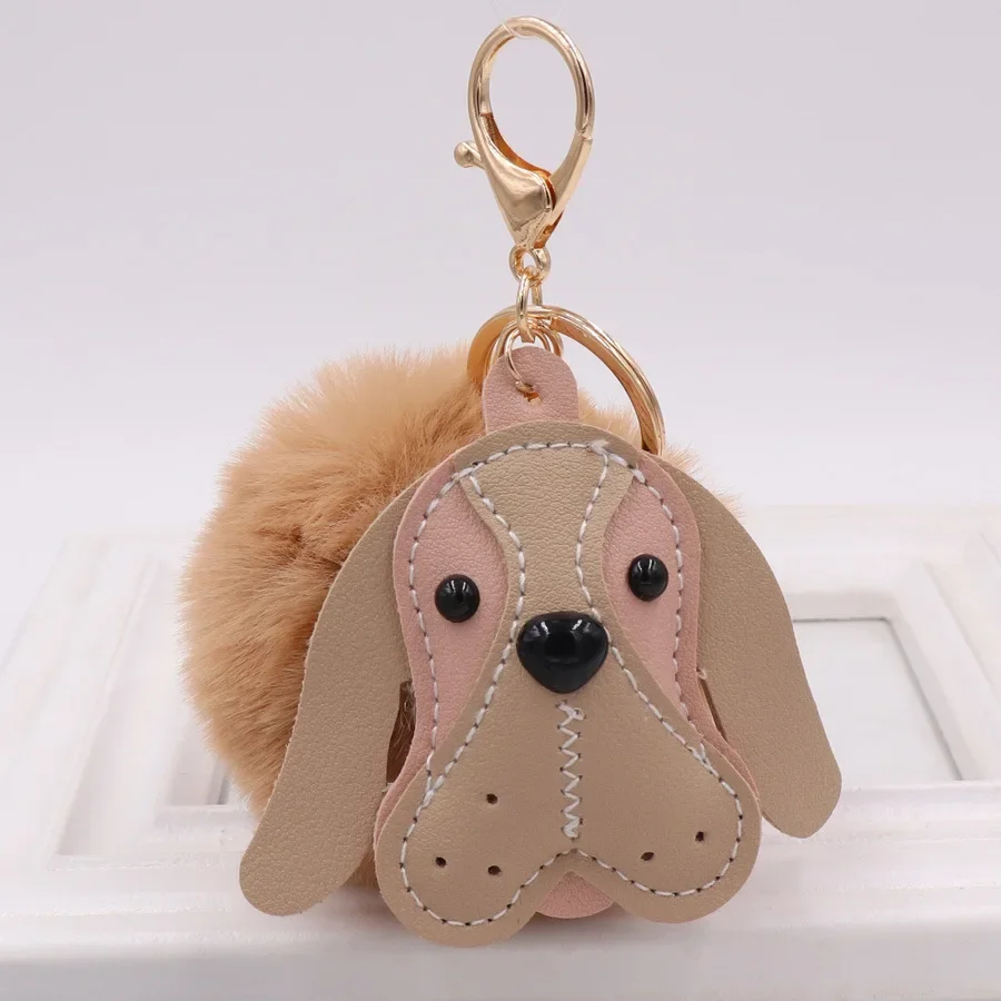 New fashion sweet Hot cute leather animal dog Fake Rabbit Fur Ball Key Chain Pompom Key Chain Key Rings  Girl Women Bag  Jewelry