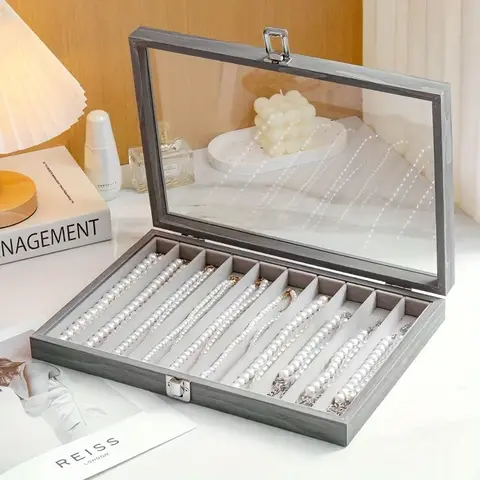 Nuevo collar de perlas gris hielo, caja de joyería, estuche de almacenamiento con tapa, pulsera larga de cristal a prueba de polvo, cuentas, soporte grueso para collar