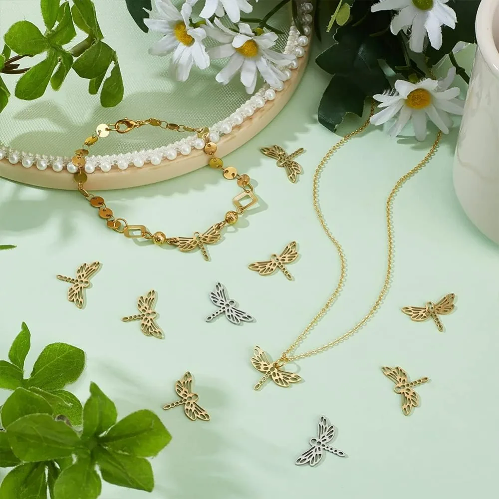 32Pcs 2 Colors Flying Insect Pendants Hollow Link Charms Filigree Dragonfly Link Charm Animal Links Connectors with Hole