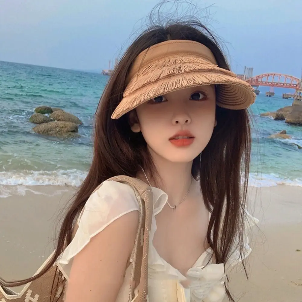 واسعة حافة مصمم شرابة قبعات من القش فارغة أعلى حماية من الأشعة فوق البنفسجية فارغة أعلى قبعة الشمس الشاطئ الصيف ظلة قبعة للنساء