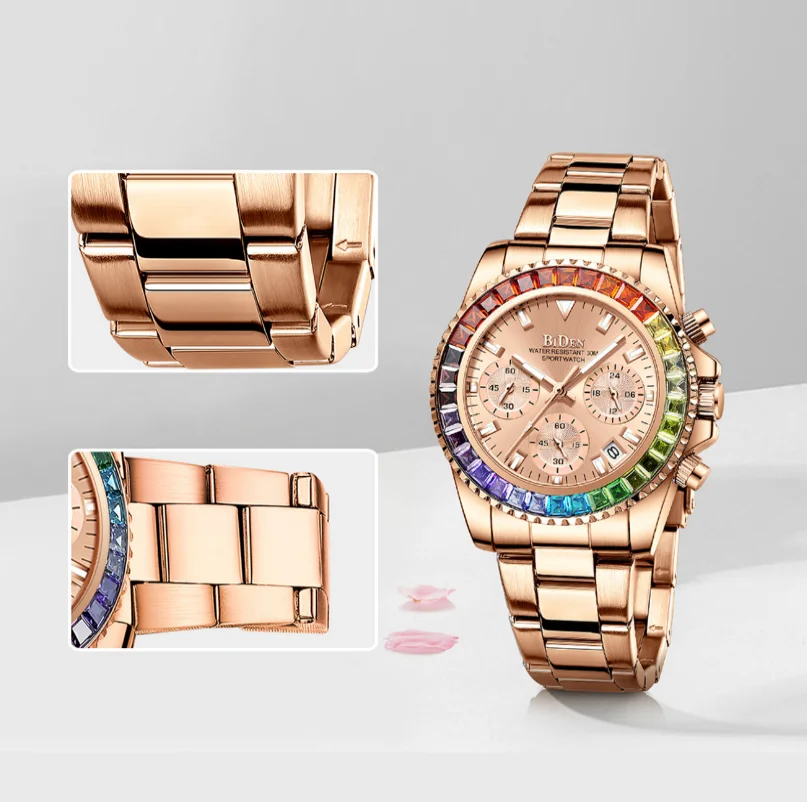 BIDEN Fashion Elegant Women's Watch Multi functional Waterproof Calendar Quartz Women's Clock Gift Box Selected Goods